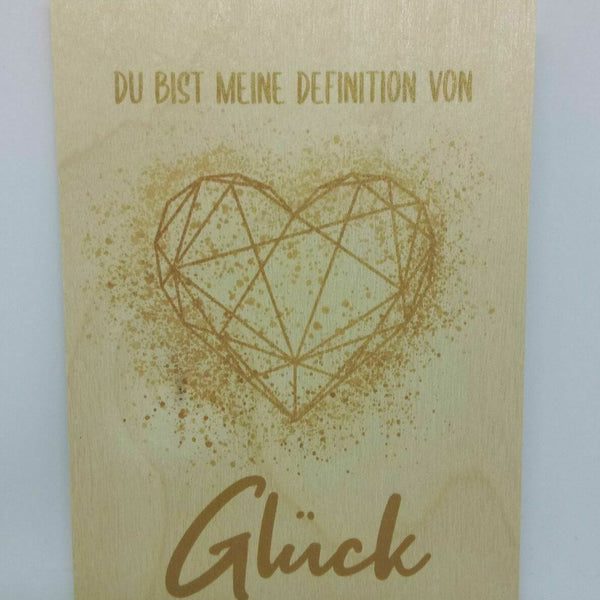 Nostalgie Holzpostkarte magnetisch Definition Glück Herz gold 14x10 Birkenholz