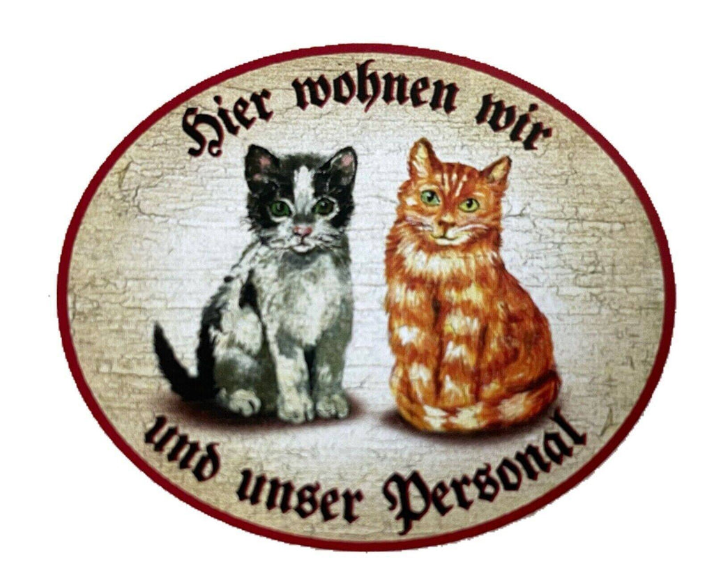 Kuk nostalgie holzschild "hier wohnen wir u.u. personal“ duo katze junges sw rot