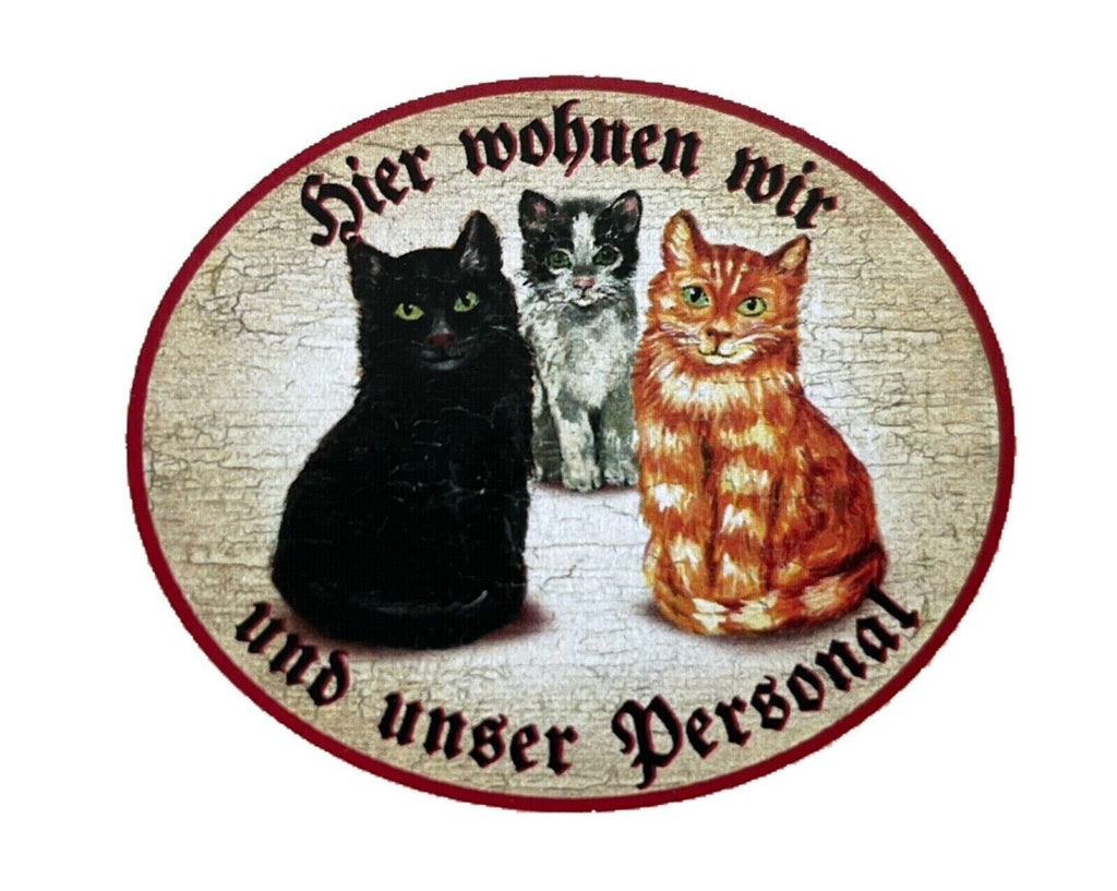 Kuk nostalgie holzschild "hier wohnen wir u.u. personal“ trio katze schwarzw rot