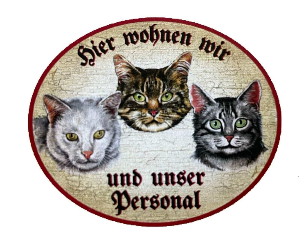 Kuk nostalgie holzschild "hier wohnen wir u.u. personal“ trio katze tabby weiß