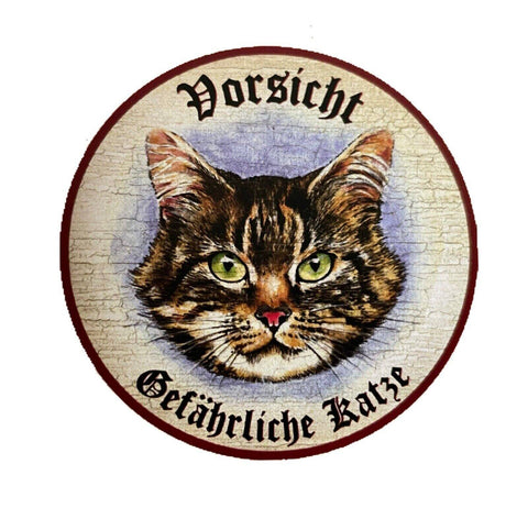 Kuk nostalgie holzschild "vorsicht gefährliche katze“ tabby getigert