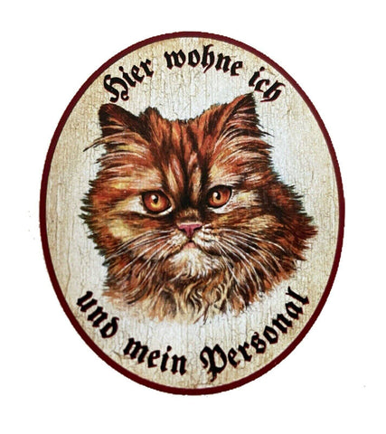 Kuk nostalgie holzschild "hier wohne ich und mein personal“ katze rot getigert