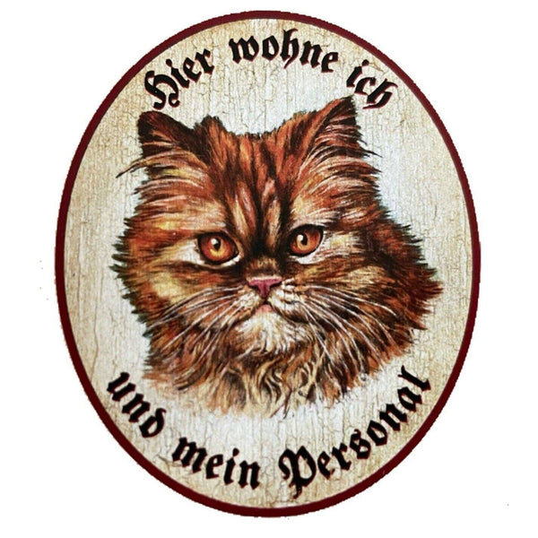 Kuk nostalgie holzschild "hier wohne ich und mein personal“ katze rot getigert