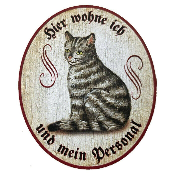 Kuk nostalgie holzschild "hier wohne ich und mein personal“ katze tabby getigert