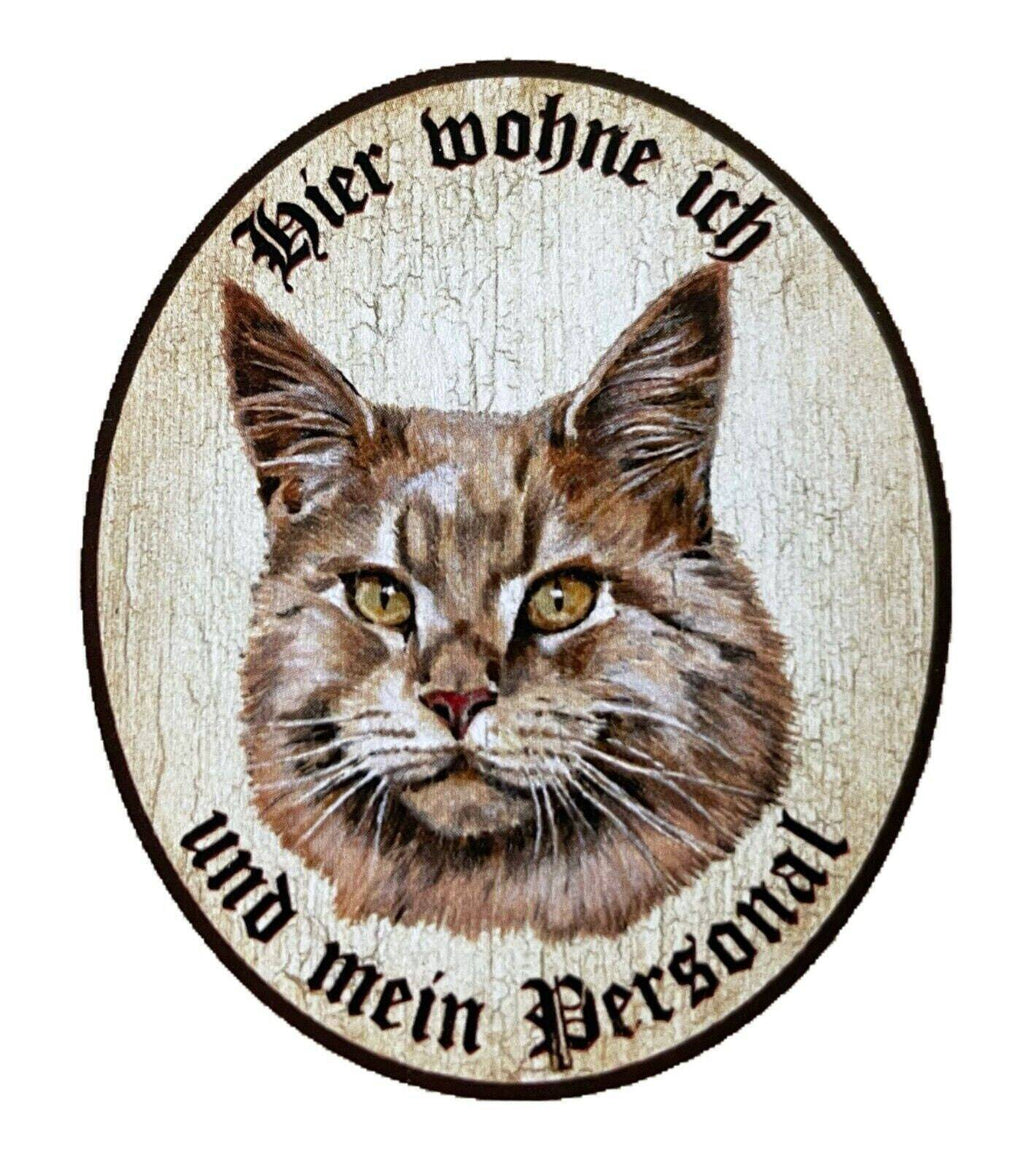Kuk nostalgie holzschild "hier wohne ich und mein personal“ katze maine coon