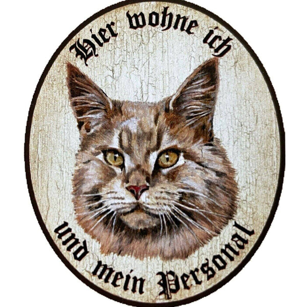 Kuk nostalgie holzschild "hier wohne ich und mein personal“ katze maine coon