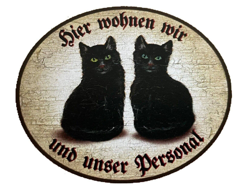 Kuk nostalgie holzschild "hier wohnen wir u.u. personal“ duo schwarze katze