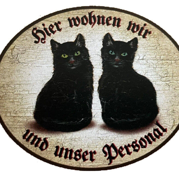 Kuk nostalgie holzschild "hier wohnen wir u.u. personal“ duo schwarze katze