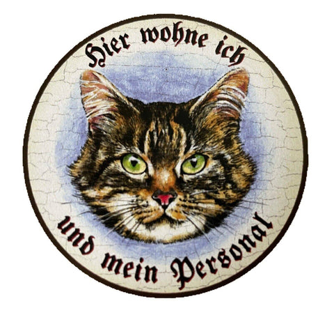 Kuk nostalgie holzschild "hier wohne ich und mein personal“  katze tabby