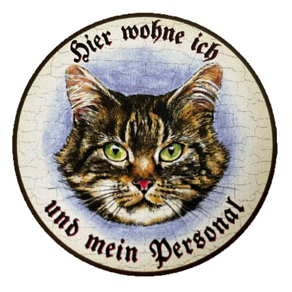 Kuk nostalgie holzschild "hier wohne ich und mein personal“  katze tabby