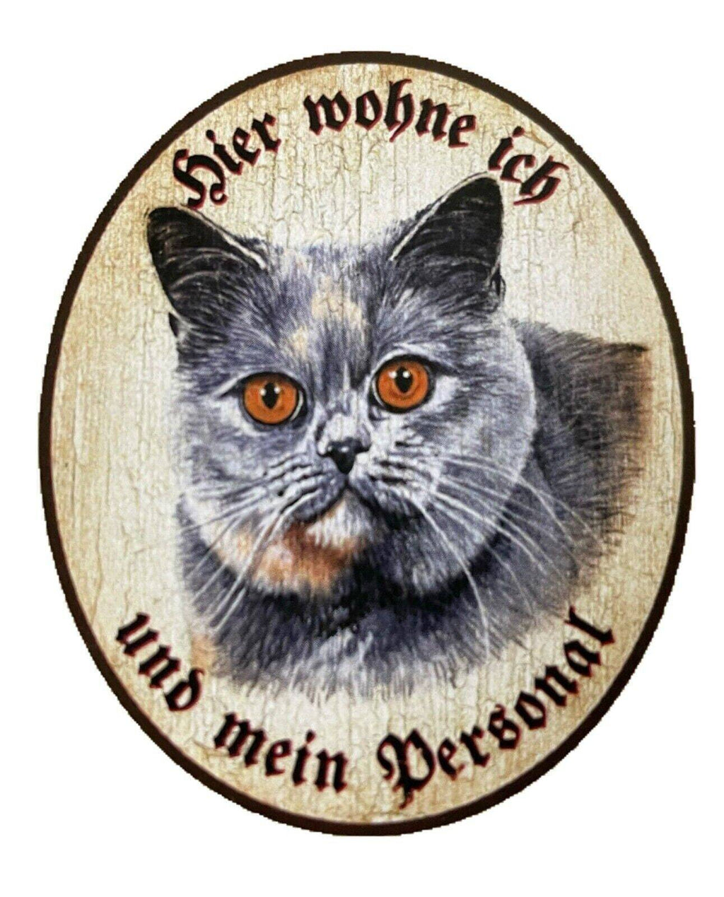 Kuk nostalgie holzschild "hier wohne ich und mein personal“  katze russisch blau