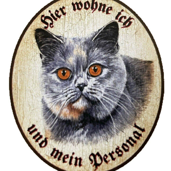 Kuk nostalgie holzschild "hier wohne ich und mein personal“  katze russisch blau