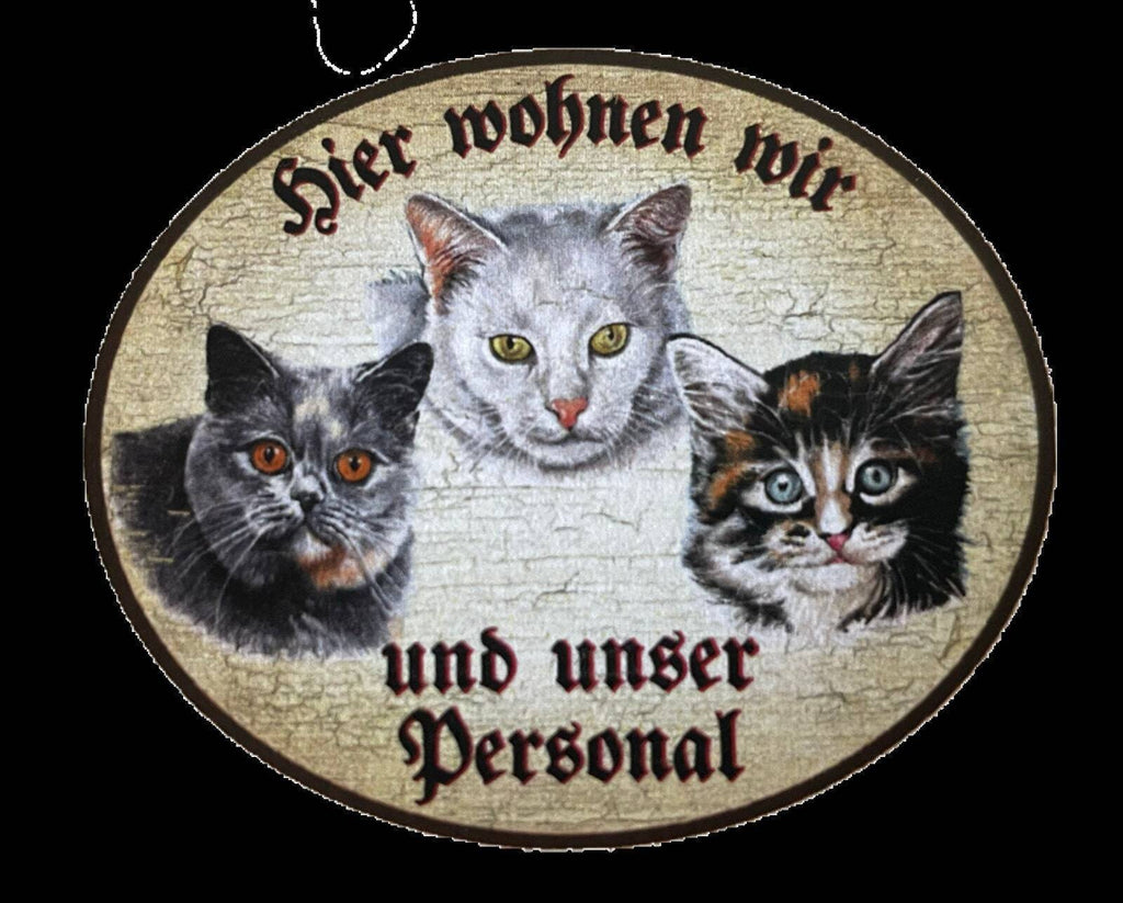 Kuk nostalgie holzschild “hier wohnen wir u.u. personal“ trio katze r.blau weiß
