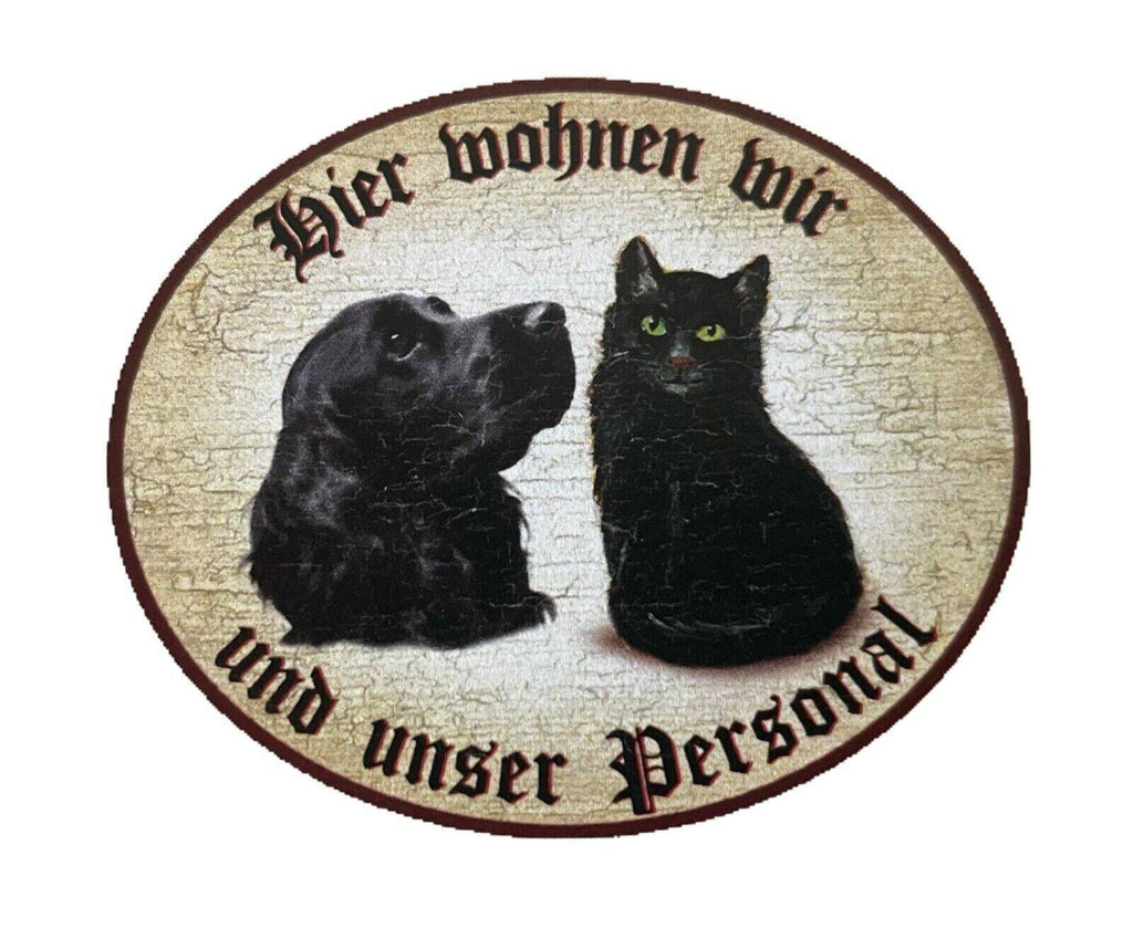 Kuk nostalgie holzschild "hier wohnen wir u.u. personal“ duo katze hund schwarz