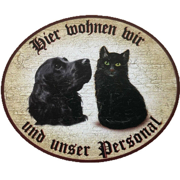Kuk nostalgie holzschild "hier wohnen wir u.u. personal“ duo katze hund schwarz