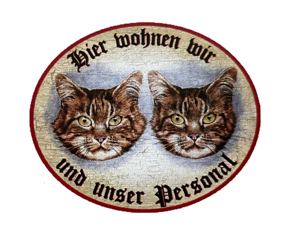 Kuk nostalgie holzschild "hier wohnen wir u.u.personal“ duo katze tabby getigert