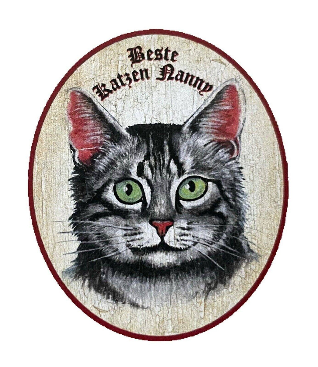 Kuk nostalgie holzschild “beste katzen nanny“ katze sitterin tabby getigert grau