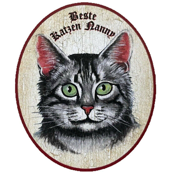 Kuk nostalgie holzschild “beste katzen nanny“ katze sitterin tabby getigert grau