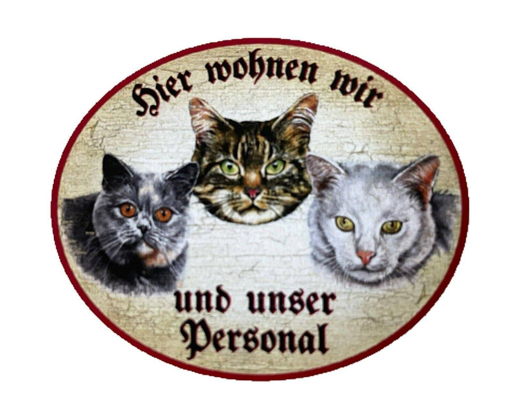 Kuk nostalgie holzschild "hier wohnen wir u.u.personal“ trio katze tabby blau w