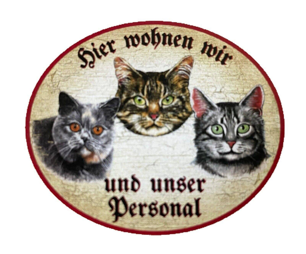 Kuk nostalgie holzschild "hier wohnen wir u.u. personal“ trio katze tabby blau