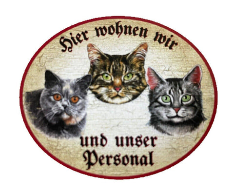 Kuk nostalgie holzschild "hier wohnen wir u.u. personal“ trio katze tabby blau