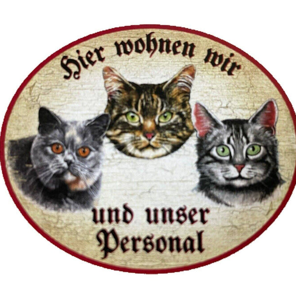 Kuk nostalgie holzschild "hier wohnen wir u.u. personal“ trio katze tabby blau