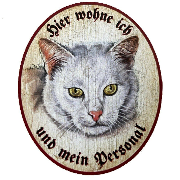 Kuk nostalgie holzschild "hier wohne ich und mein personal“ katze weiß