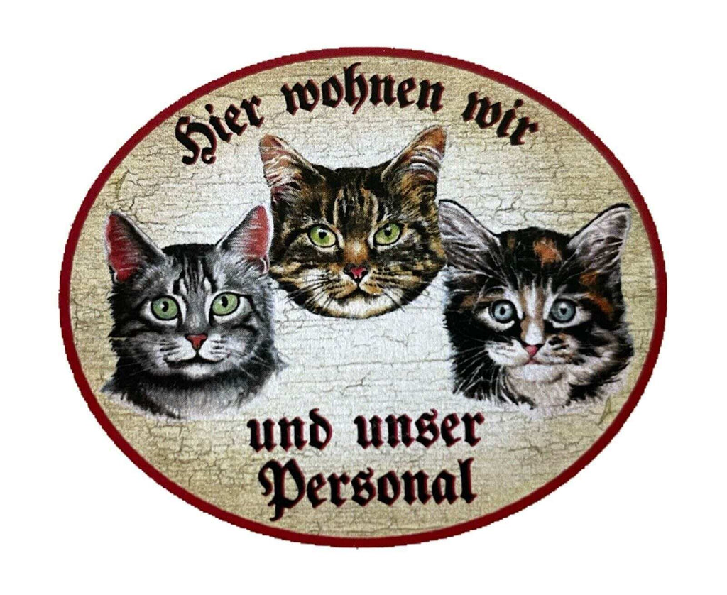 Kuk nostalgie holzschild "hier wohnen wir u.u. personal“ trio katze tabby junges