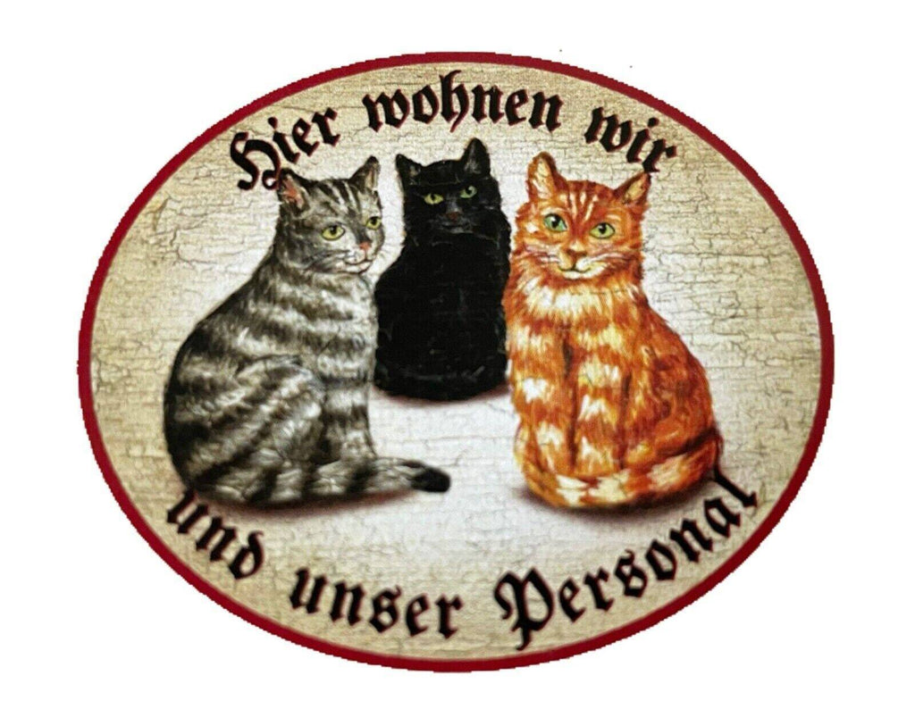 Kuk nostalgie holzschild "hier wohnen wir u.u. personal“ trio katze tabby rot s