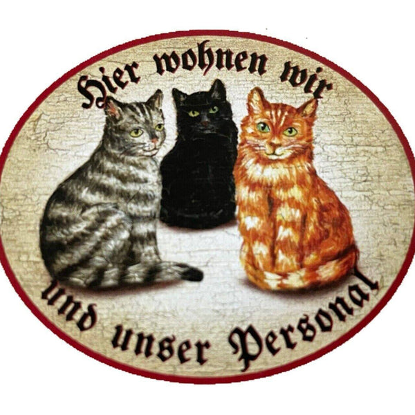 Kuk nostalgie holzschild "hier wohnen wir u.u. personal“ trio katze tabby rot s