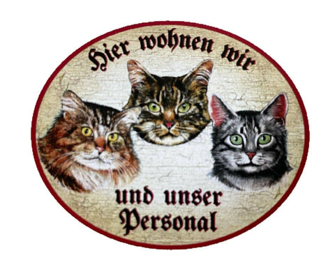 Kuk nostalgie holzschild "hier wohnen wir u.u.personal“ trio katze tabby sibir.