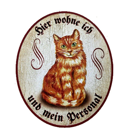 Kuk nostalgie holzschild "hier wohne ich und mein personal“ katze rot