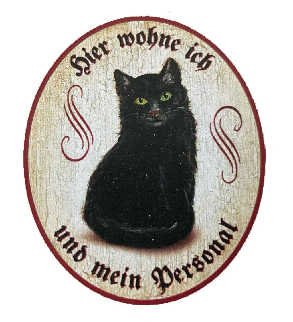 Kuk nostalgie holzschild "hier wohne ich und mein personal“ katze schwarz