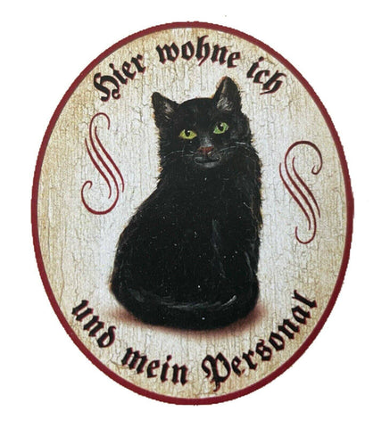 Kuk nostalgie holzschild "hier wohne ich und mein personal“ katze schwarz