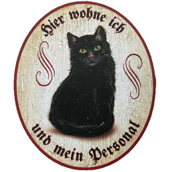 Kuk nostalgie holzschild "hier wohne ich und mein personal“ katze schwarz