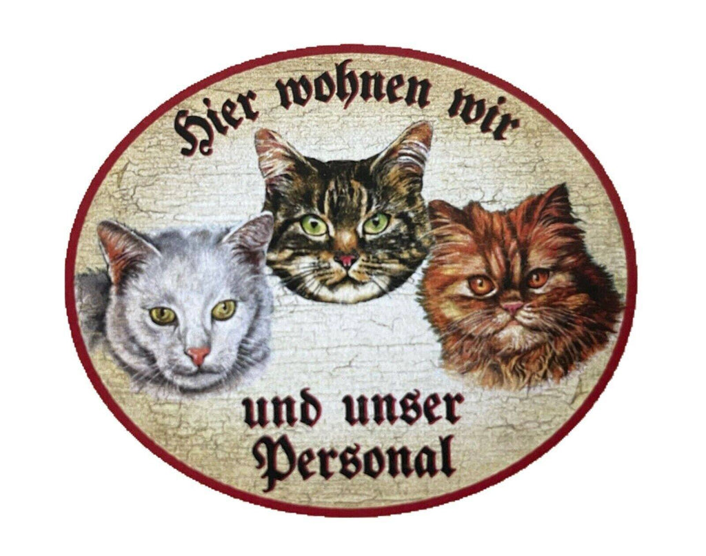 Kuk nostalgie holzschild "hier wohnen wir u.u. personal“ trio katze tabby weiß r