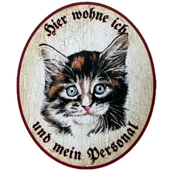 Kuk nostalgie holzschild "hier wohne ich und mein personal“ glücks katze junges