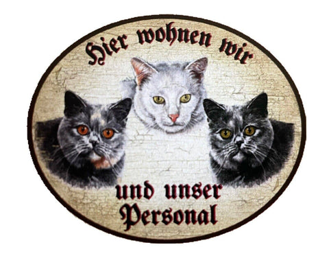 Kuk nostalgie holzschild "hier wohnen wir u.u. personal“ trio katze r.blau weiß