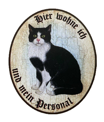 Kuk nostalgie holzschild "hier wohne ich und mein personal“ katze schwarzweiß
