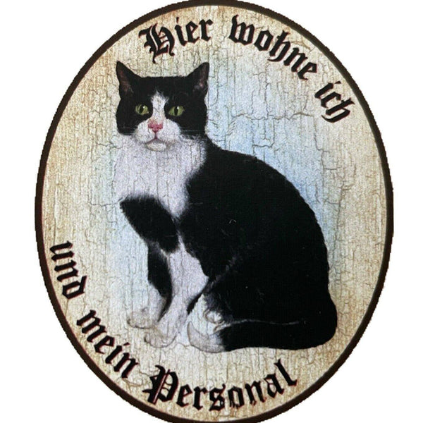Kuk nostalgie holzschild "hier wohne ich und mein personal“ katze schwarzweiß