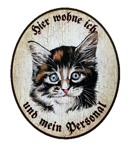 Kuk nostalgie holzschild "hier wohne ich und mein personal“  katze junges baby