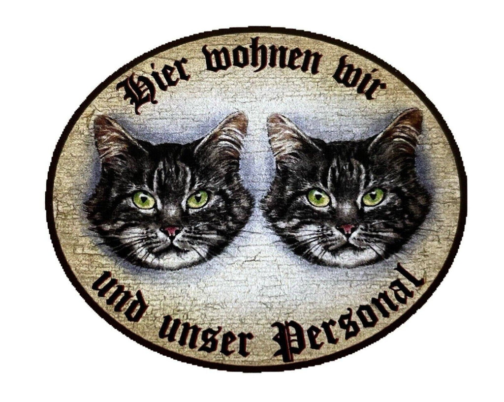 Kuk nostalgie holzschild "hier wohnen wir u.u. personal“ duo katze tabby