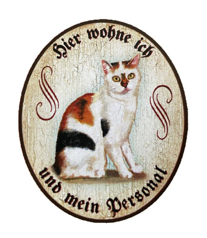 Kuk nostalgie holzschild "hier wohne ich und mein personal“ glücks katze