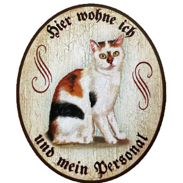 Kuk nostalgie holzschild "hier wohne ich und mein personal“ glücks katze
