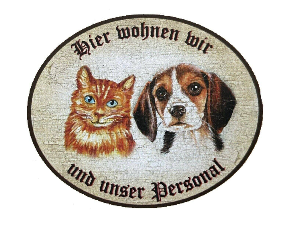 Kuk nostalgie holzschild "hier wohnen wir u.u. personal“  katze hund duo
