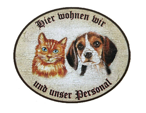 Kuk nostalgie holzschild "hier wohnen wir u.u. personal“  katze hund duo