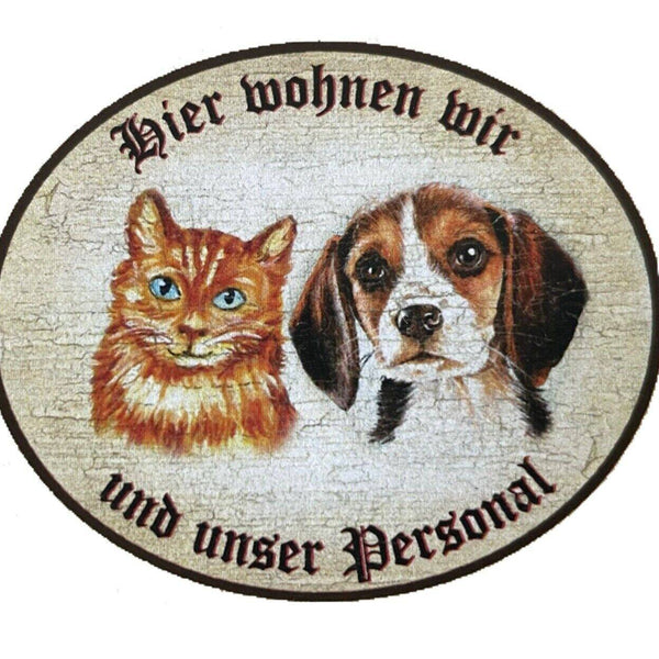 Kuk nostalgie holzschild "hier wohnen wir u.u. personal“  katze hund duo