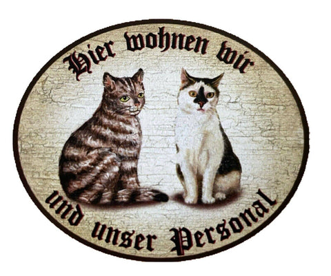Kuk nostalgie holzschild "hier wohnen wir u.u. personal“ duo katze tabby