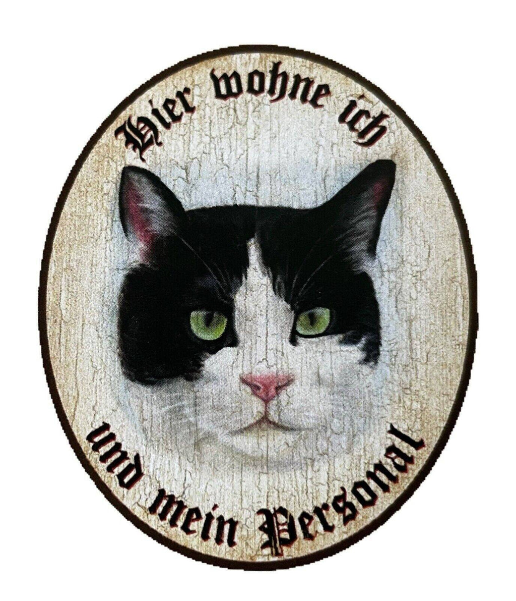 Kuk nostalgie holzschild "hier wohne ich und mein personal“  katze schwarzweiß