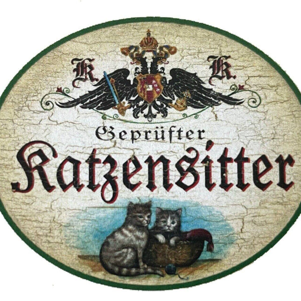 Kuk nostalgie holzschild "geprüfter katzensitter" duo katze tabby getigert korb